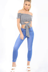 Black Gingham Bardot Wrap Around Crop Top - Rozanne-Crop Tops