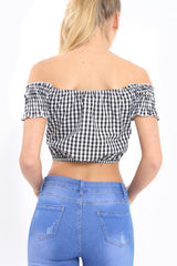 Black Gingham Bardot Wrap Around Crop Top - Rozanne-Crop Tops