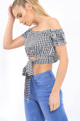 Black Gingham Bardot Wrap Around Crop Top - Rozanne-Crop Tops