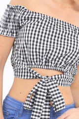 Black Gingham Bardot Wrap Around Crop Top - Rozanne-Crop Tops