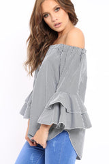 Black Gingham Bell sleeve Bardot Top - Ilsa-Tops