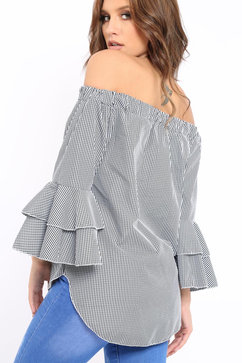 Black Gingham Bell sleeve Bardot Top - Ilsa-Tops