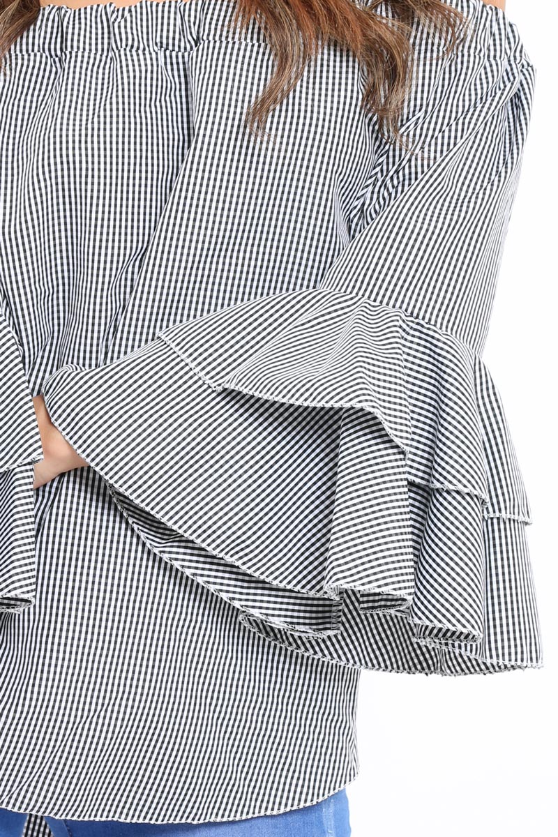 Black Gingham Bell sleeve Bardot Top - Ilsa-Tops