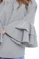 Black Gingham Bell sleeve Bardot Top - Ilsa-Tops