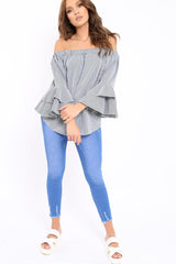 Black Gingham Bell sleeve Bardot Top - Ilsa-Tops