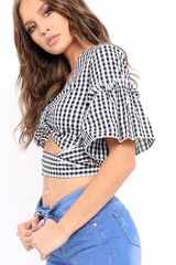 Black Gingham Bow Front Tie Around The Waist Crop Top - Konnie-Tops