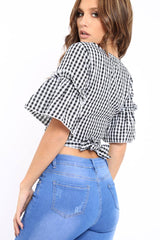 Black Gingham Bow Front Tie Around The Waist Crop Top - Konnie-Tops