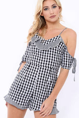 Black Gingham Cold Shoulder Playsuit - Lorinda-Playsuits