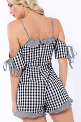 Black Gingham Cold Shoulder Playsuit - Lorinda-Playsuits