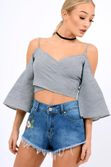 Black Gingham Cold Shouler Tie Back Crop Top - Leela-Crop Tops