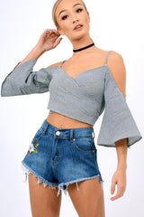 Black Gingham Cold Shouler Tie Back Crop Top - Leela-Crop Tops