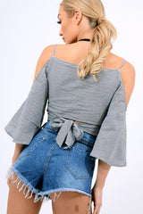 Black Gingham Cold Shouler Tie Back Crop Top - Leela-Crop Tops