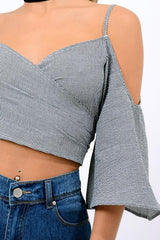 Black Gingham Cold Shouler Tie Back Crop Top - Leela-Crop Tops