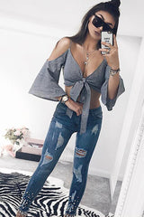 Black Gingham Cold Shouler Tie Back Crop Top - Leela-Crop Tops