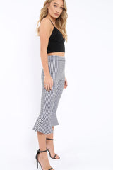 Black Gingham Cropped Flare Hem Trousers - Aniesha-Trousers