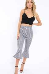 Black Gingham Cropped Flare Hem Trousers - Aniesha-Trousers