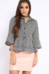 Black Gingham Flare Sleeve Peplum Shirt - Kaya-Shirts