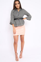 Black Gingham Flare Sleeve Peplum Shirt - Kaya-Shirts