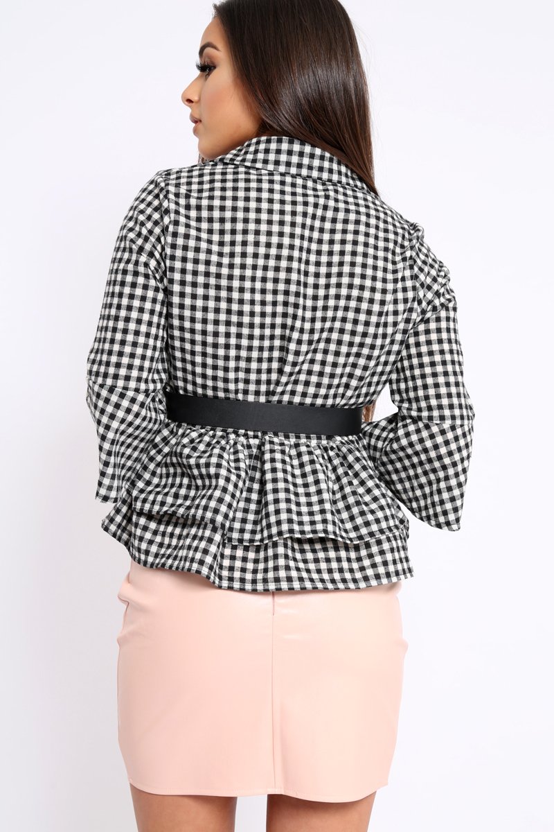 Black Gingham Flare Sleeve Peplum Shirt - Kaya-Shirts