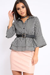 Black Gingham Flare Sleeve Peplum Shirt - Kaya-Shirts