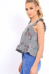 Black Gingham Floral Embroidered Frill Top - Zelida-Tops