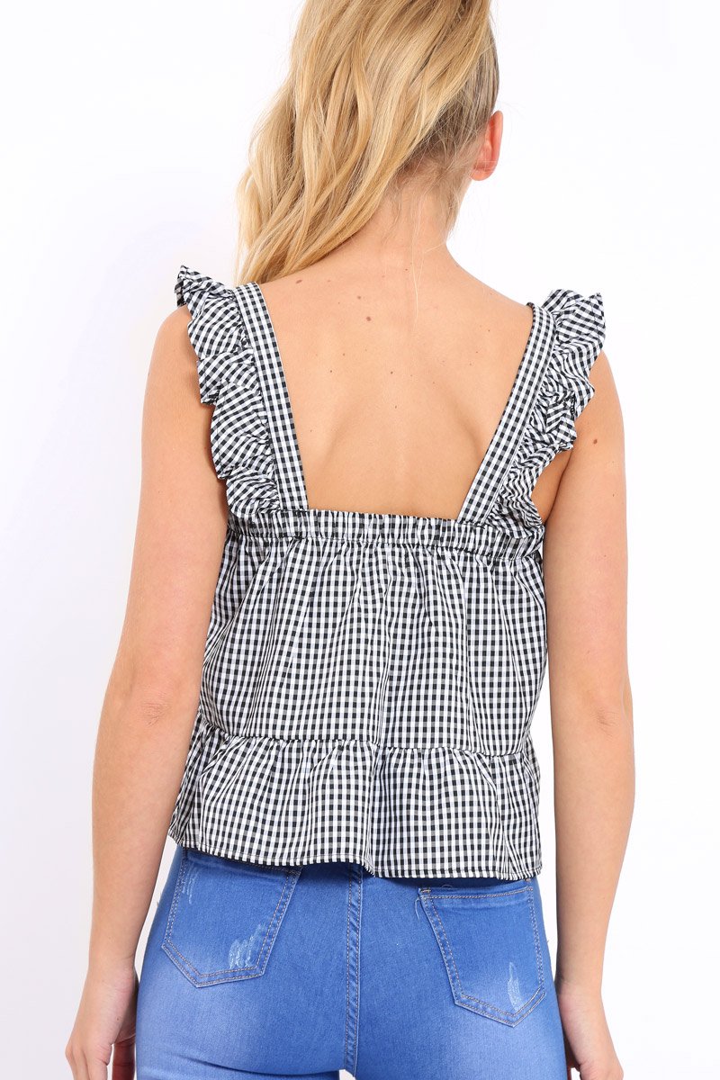 Black Gingham Floral Embroidered Frill Top - Zelida-Tops