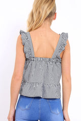 Black Gingham Floral Embroidered Frill Top - Zelida-Tops