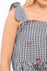 Black Gingham Floral Embroidered Frill Top - Zelida-Tops