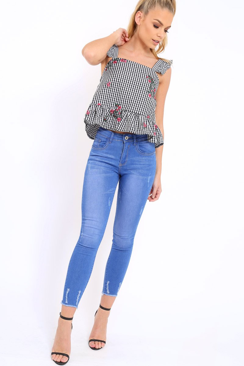 Black Gingham Floral Embroidered Frill Top - Zelida-Tops
