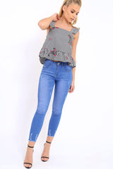 Black Gingham Floral Embroidered Frill Top - Zelida-Tops