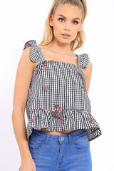 Black Gingham Floral Embroidered Frill Top - Zelida-Tops