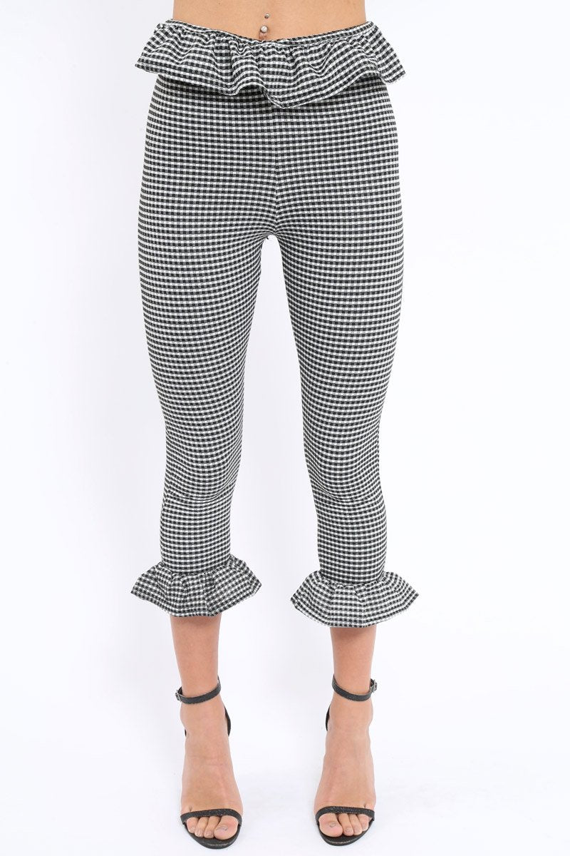 Black Gingham Frill Hem Trousers - Marianne-Trousers
