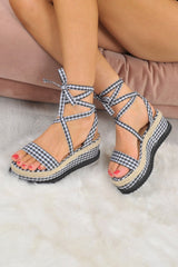 Black Gingham Lace Up Platform Wedges - Camara-Wedges