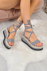 Black Gingham Lace Up Platform Wedges - Camara-Wedges