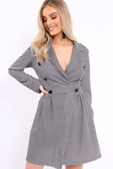 Black Gingham Print Button Detail Blazer Dress - Nora-Dresses