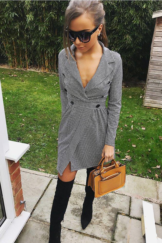 Black Gingham Print Button Detail Blazer Dress - Nora-Dresses