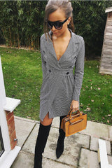 Black Gingham Print Button Detail Blazer Dress - Nora-Dresses