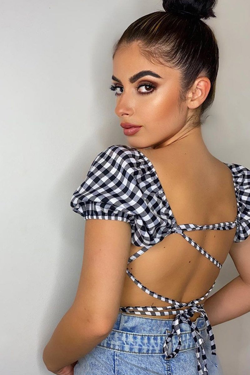 Black Gingham Puff Sleeve Crop Top - Kapri-