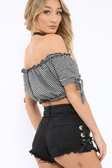 Black Gingham Ruched Bardot Gypsy Crop Top - Janette-Crop Tops