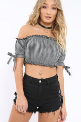 Black Gingham Ruched Bardot Gypsy Crop Top - Janette-Crop Tops
