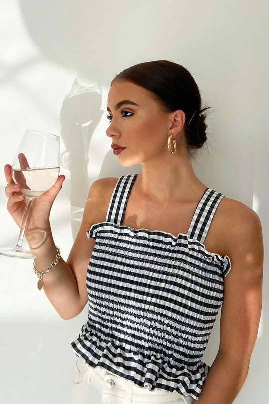 Black Gingham Shirred Crop Top - Eava