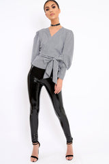 Black Gingham Wrap Front Top - Gloria-Tops