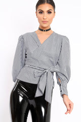Black Gingham Wrap Front Top - Gloria-Tops