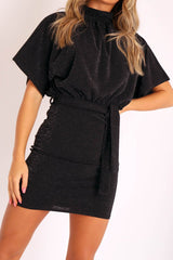 Black Glitter Batwing Sleeve Belted Dress - Florene-Dresses