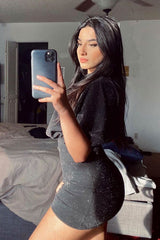 Black Glitter Batwing Sleeve Belted Dress - Florene-Dresses