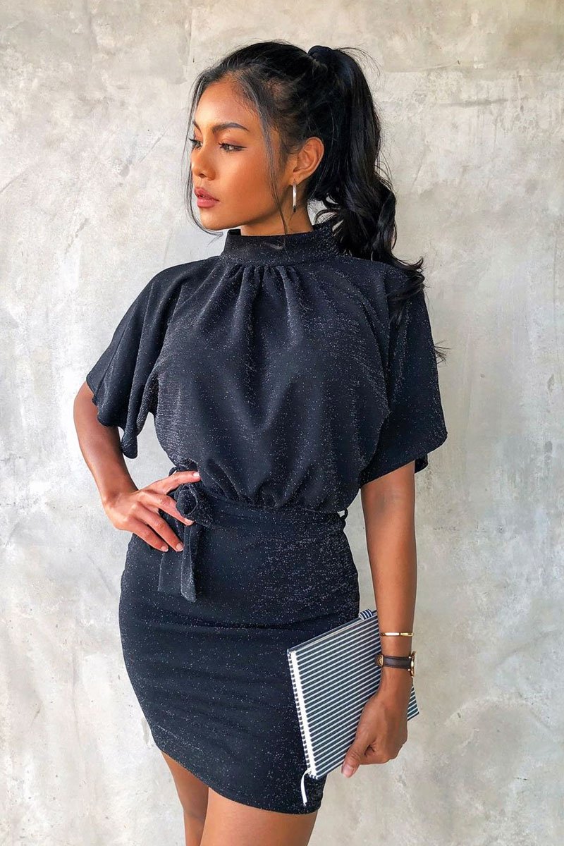 Black Glitter Batwing Sleeve Belted Dress - Florene-Dresses