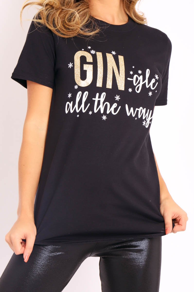 Black Glitter Christmas Slogan T-shirt - Nalanie-T-shirt