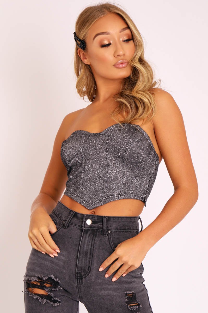 Black Glitter Corset Detail Bralet - Delmy-Bralets