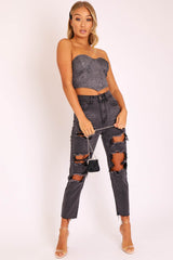 Black Glitter Corset Detail Bralet - Delmy-Bralets