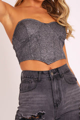 Black Glitter Corset Detail Bralet - Delmy-Bralets